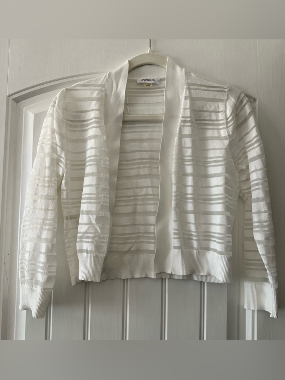NWOT! Calvin Klein White Sheer-Stripe Open Front Cropped Cardigan